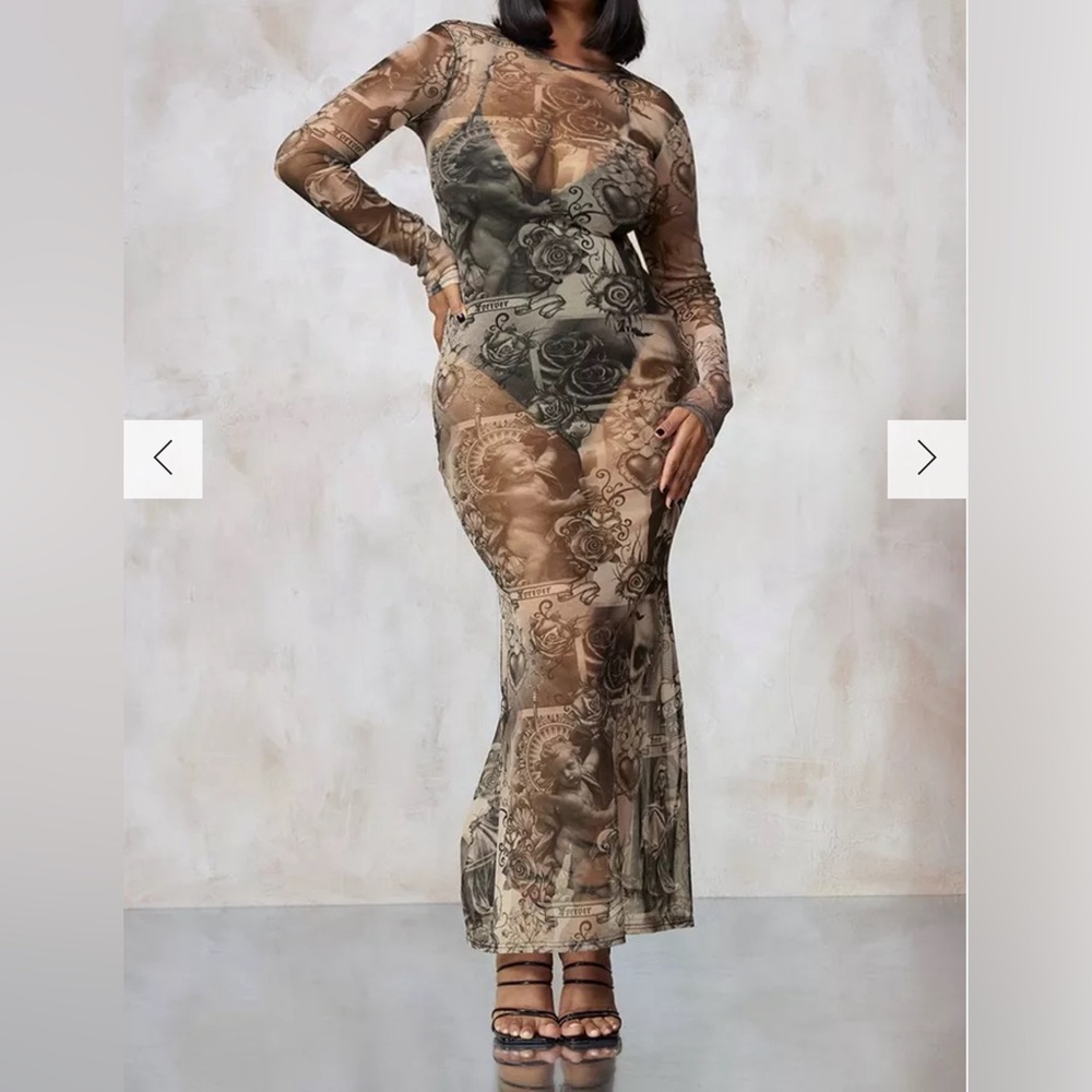 Kourtney Kardashian Barker Printed Mesh Maxi Dress